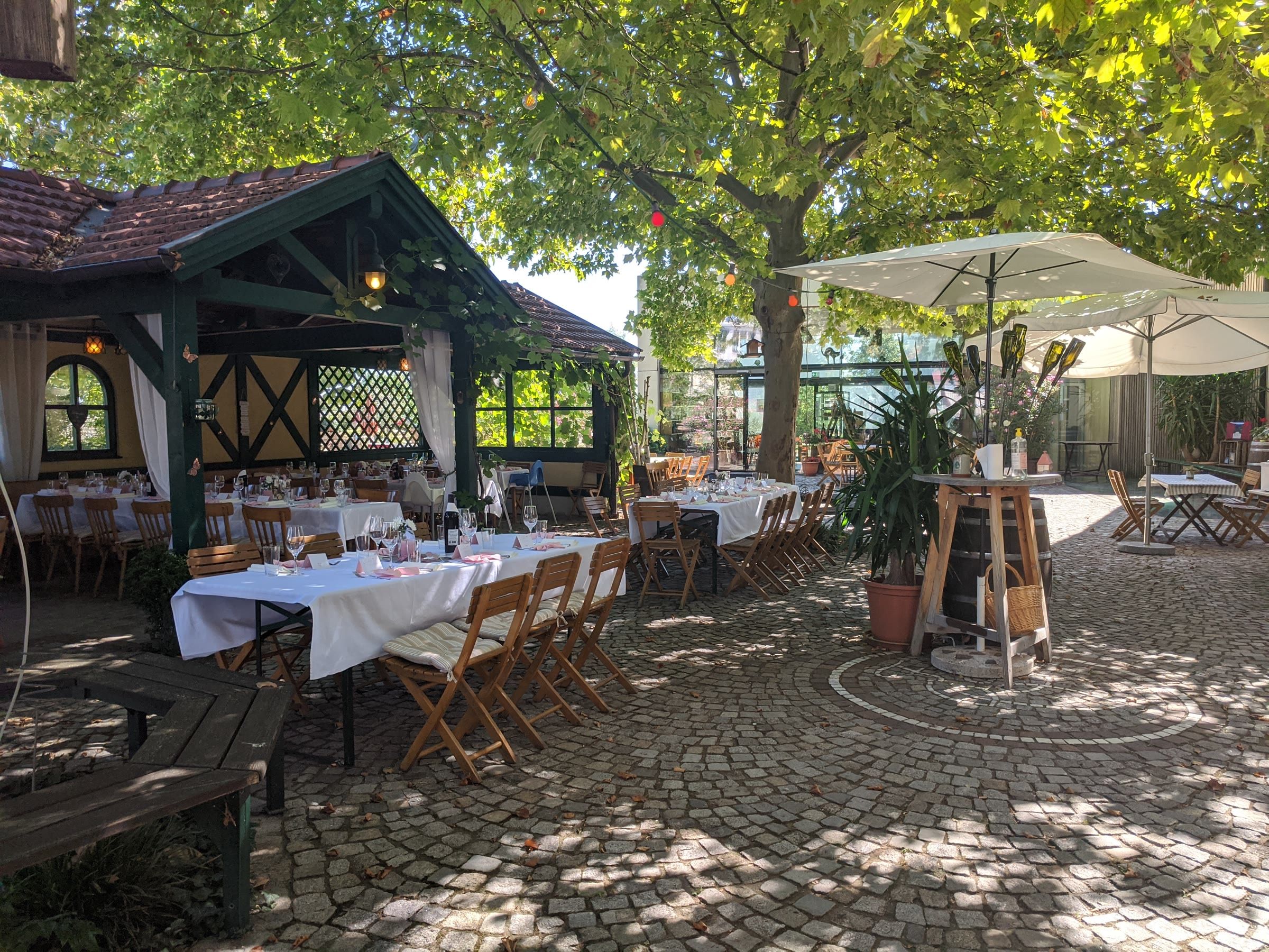 Das Salettl im Gastgarten mit weiß gedeckten Tafeln unter den Bäumen